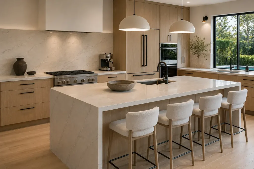 Custom kitchen remodel in Los Angeles featuring a white marble island, natural wood tones, custom cabinetry, and luxury finishes
