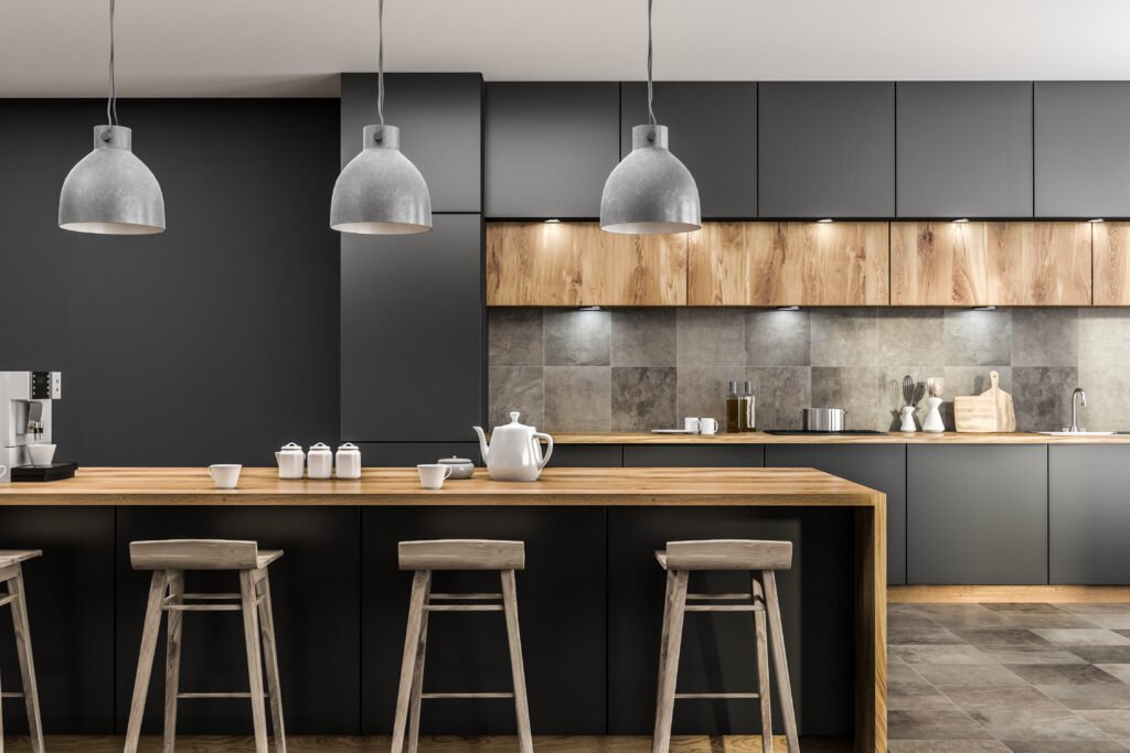 Kitchen remodeling in Los Angeles: a contemporary kitchen with dark cabinets and wood open shelving, by Athenian Builders Group