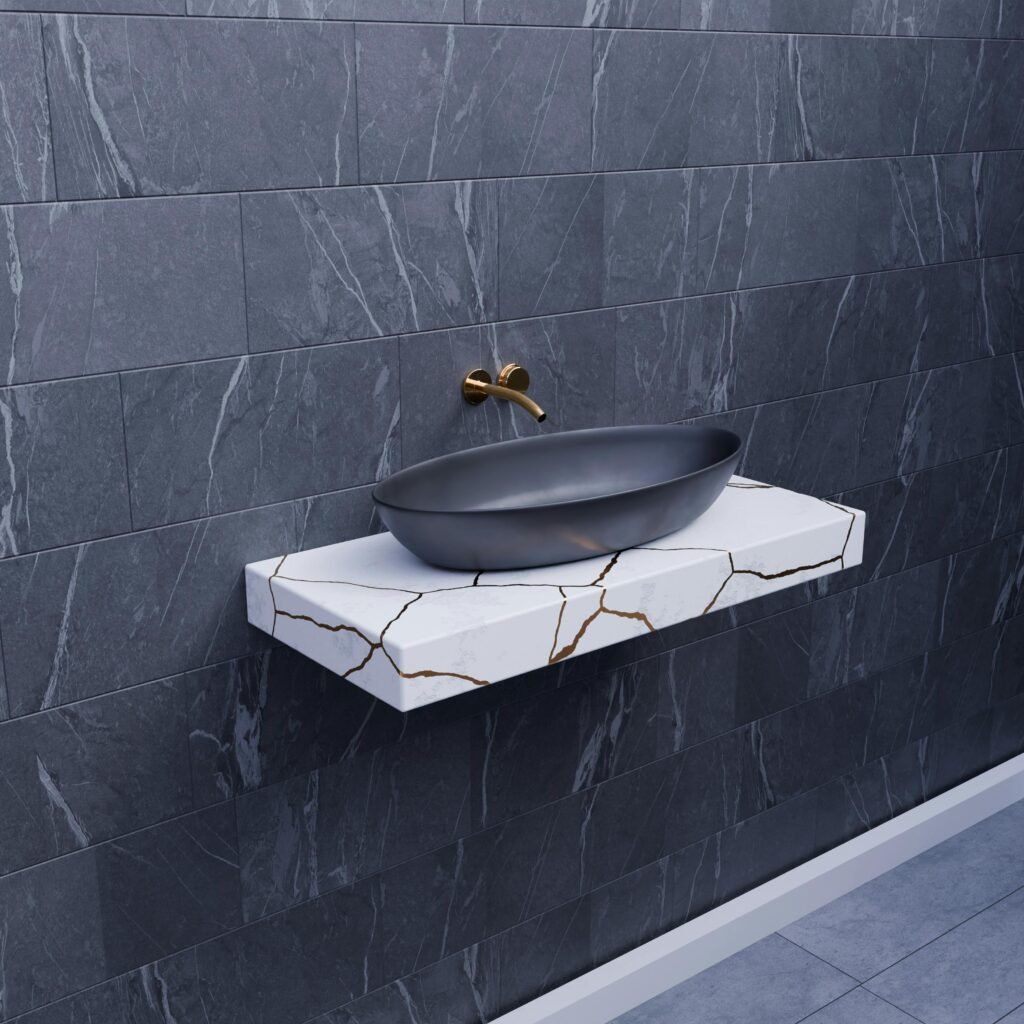 Bathroom remodeling in North Hollywood: a floating vanity with a black stone vessel sink and gold faucet, by Athenian Builders Group