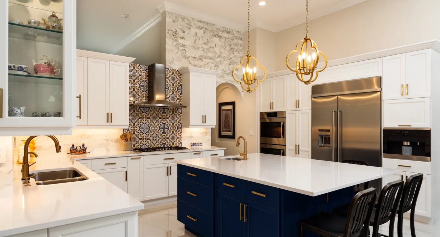 Navy island white shaker kitchen in Pacific Palisades by Athenian Builders