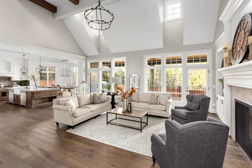 Open concept living room vaulted ceiling in Sherman Oaks by Athenian Builders