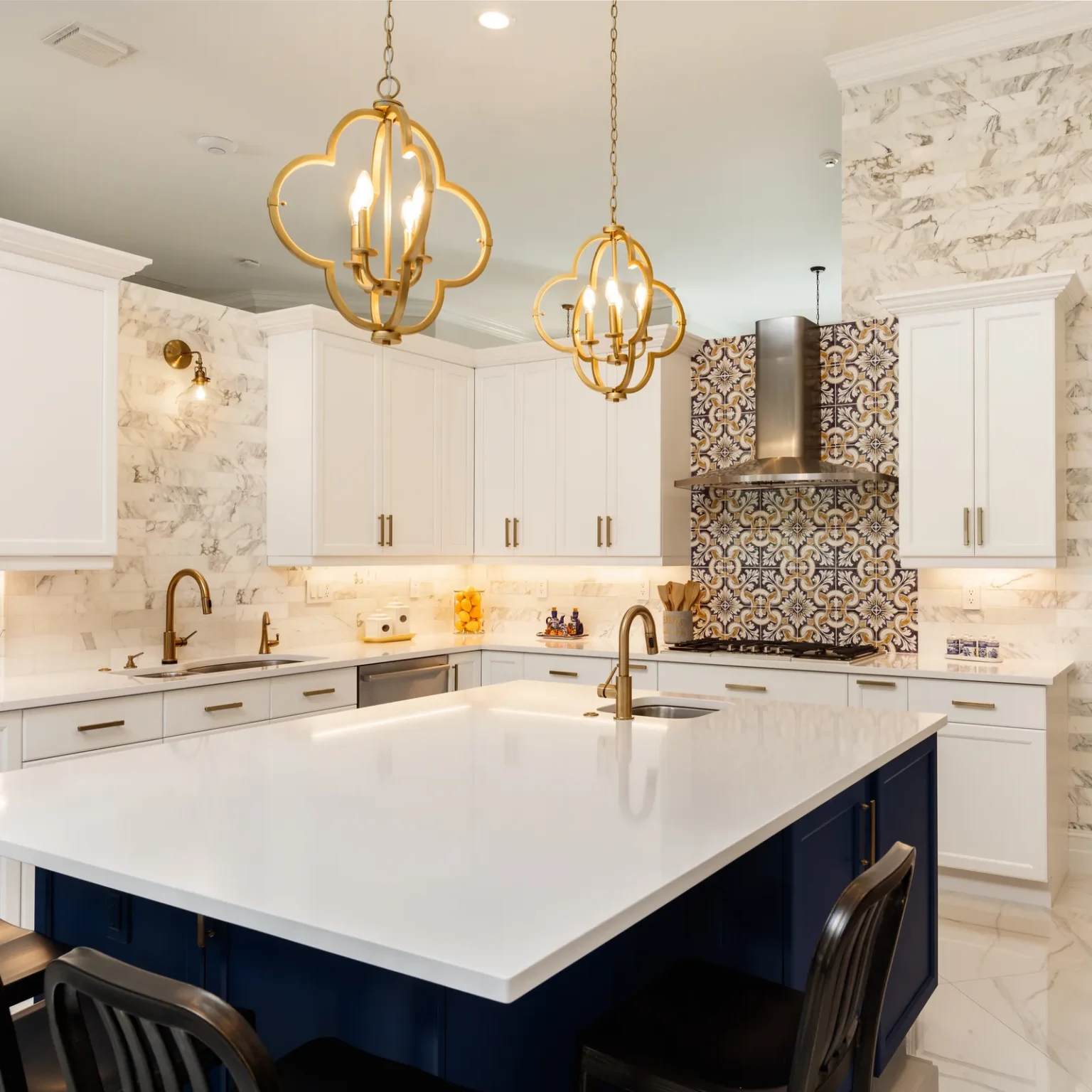 Quartz island brass faucet pendants in Pacific Palisades by Athenian Builders